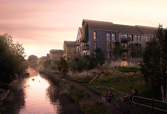 An exterior CGI of Hertford Locks